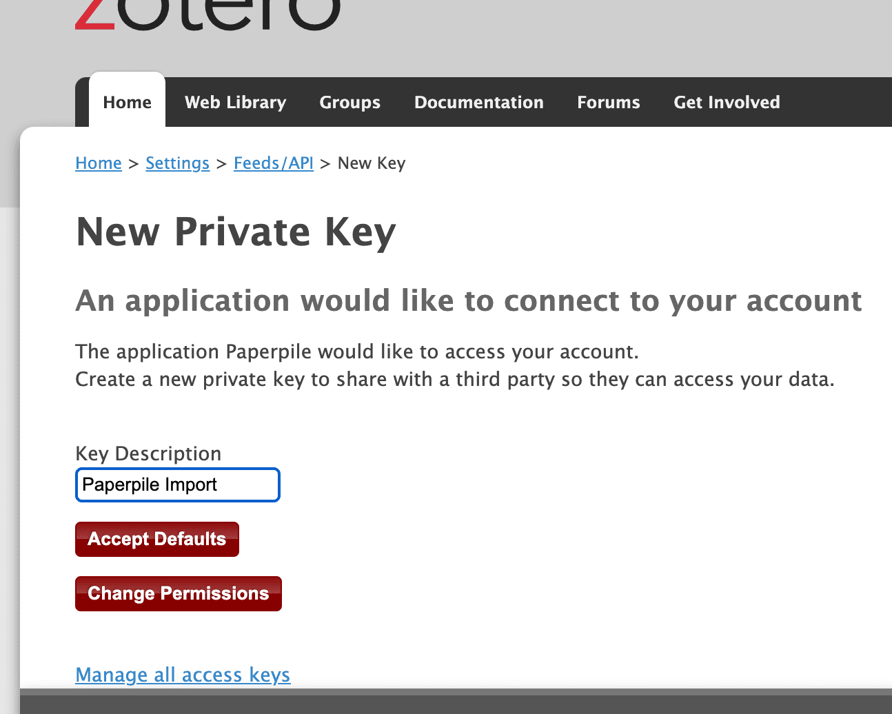 Zotero’s “New Private Key” page explaining that Paperpile would like to access your account, with “Paperpile Import” in the Key Description field and “Accept Defaults” and “Change Permissions” buttons.